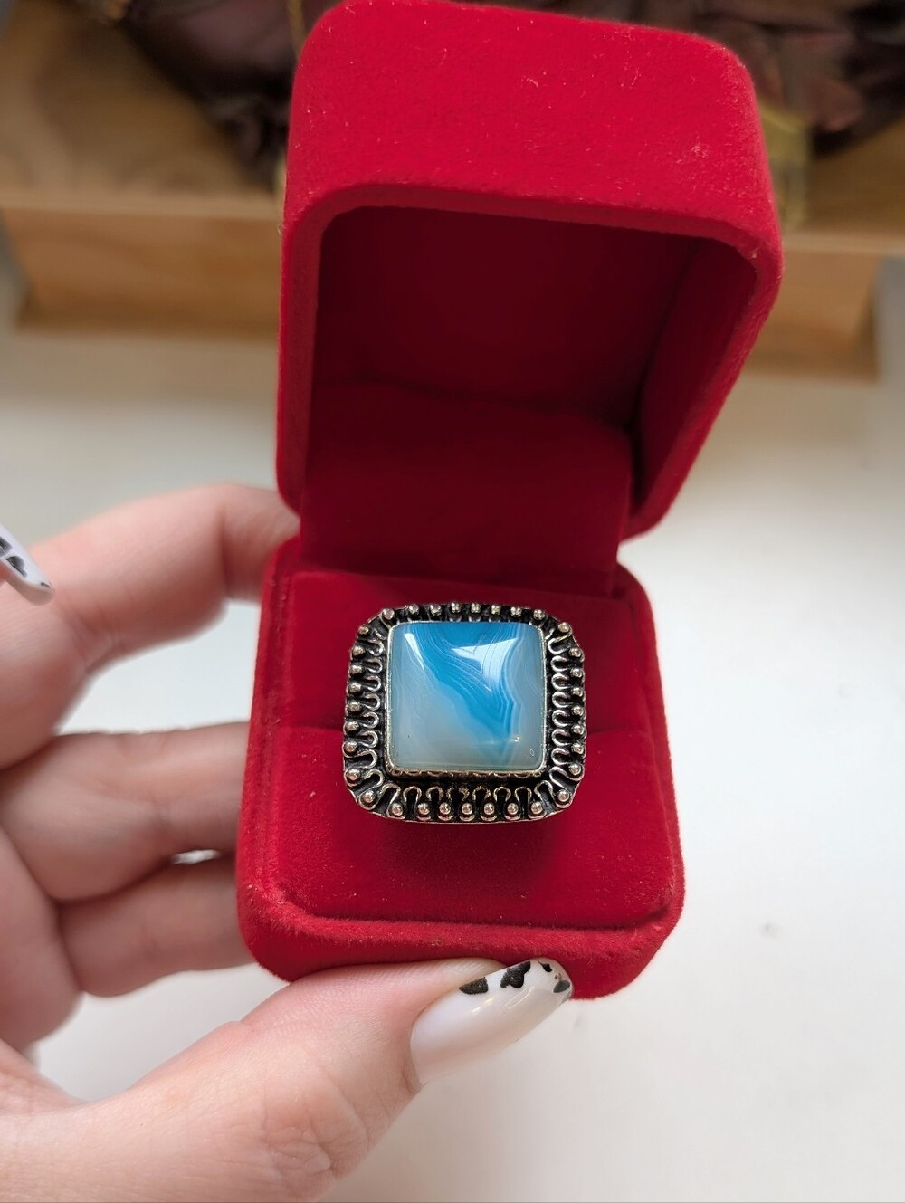 Vintage Handmade Genuine Blue Botswana Agate Gemstone In Sterling Silver 8.25
